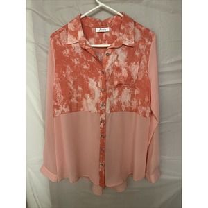 Freeway Apparel Women's Shirt Blouse Peach Sheer/Splatter Pattern Size Large New